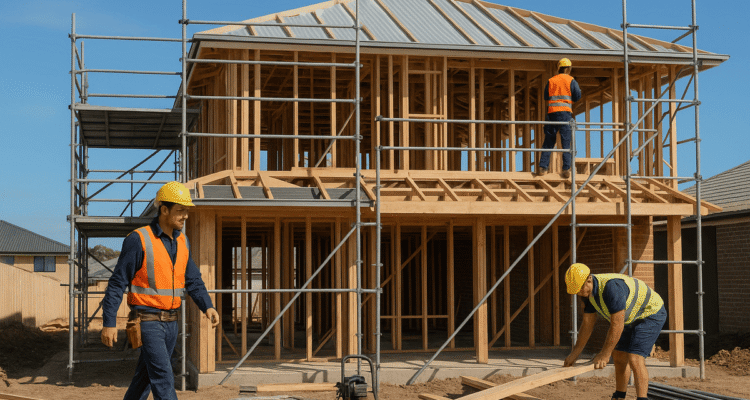 A construction site in Australia with builders working on a residential project, showing scaffolding and safety gear.