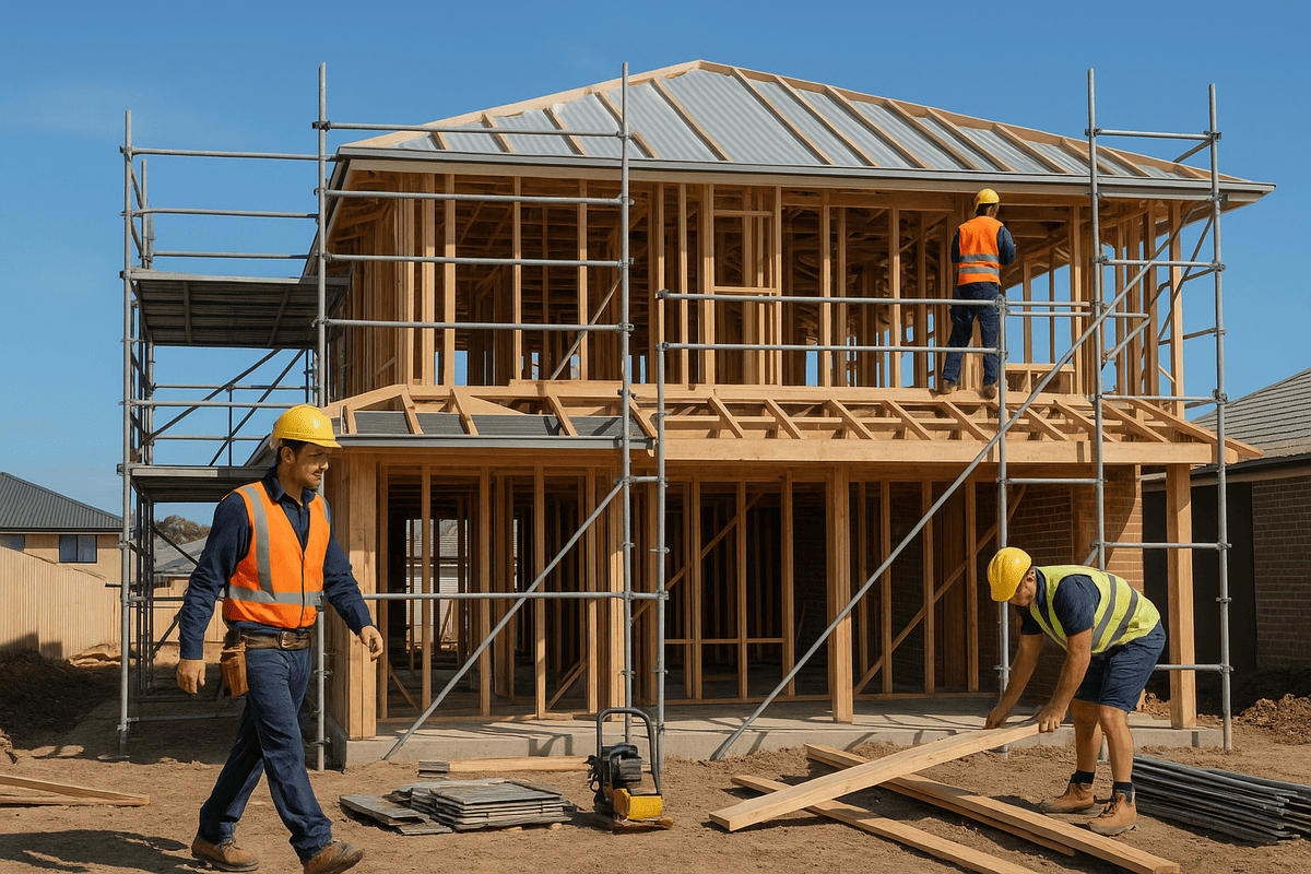 A construction site in Australia with builders working on a residential project, showing scaffolding and safety gear.