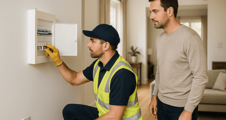 Electrician in an Australian home testing safety switch on switchboard while homeowner observes.
