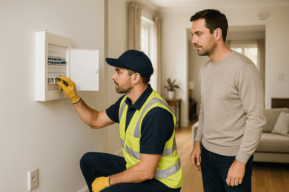 Electrician in an Australian home testing safety switch on switchboard while homeowner observes.