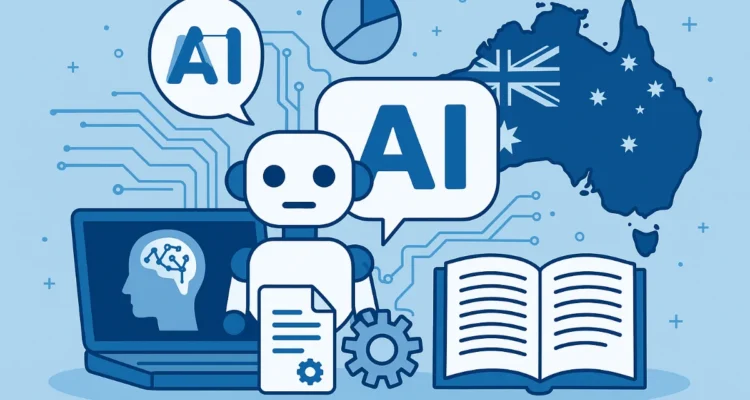 Digital illustration showing AI in Australia with a robot, laptop, circuit patterns, and Australian map symbolising the growth of AI tools.