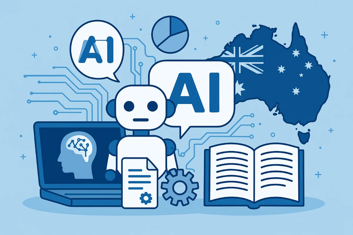 Digital illustration showing AI in Australia with a robot, laptop, circuit patterns, and Australian map symbolising the growth of AI tools.