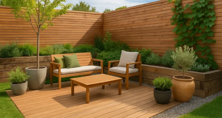 Modern sustainable outdoor space with wooden deck, eco-friendly seating, potted native plants, and green landscaping in an Australian backyard.