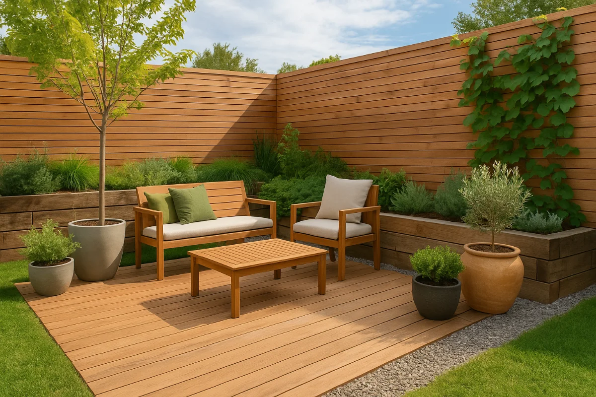 Modern sustainable outdoor space with wooden deck, eco-friendly seating, potted native plants, and green landscaping in an Australian backyard.