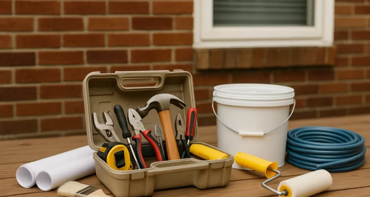 Toolbox with pliers, hammer, tape measure, paintbrush, paint roller, and bucket on a wooden deck in front of a brick house, symbolising property maintenance in Australia.