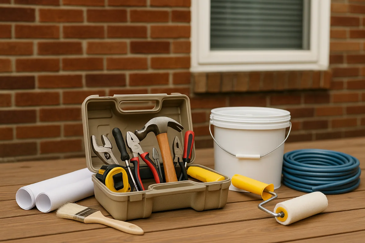 Toolbox with pliers, hammer, tape measure, paintbrush, paint roller, and bucket on a wooden deck in front of a brick house, symbolising property maintenance in Australia.