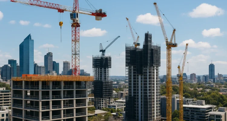Australian construction site with workers, scaffolding, and a crane beside a half-built suburban home under clear blue skies.
