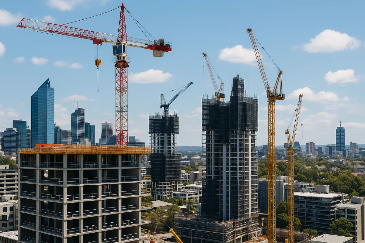 Australian construction site with workers, scaffolding, and a crane beside a half-built suburban home under clear blue skies.