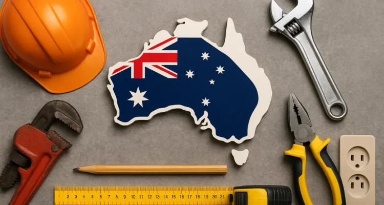 Collection of specialist trade tools including a hard hat, wrenches, pliers, tape measure, and Australian map cutout, symbolising specialist trades in Australia.