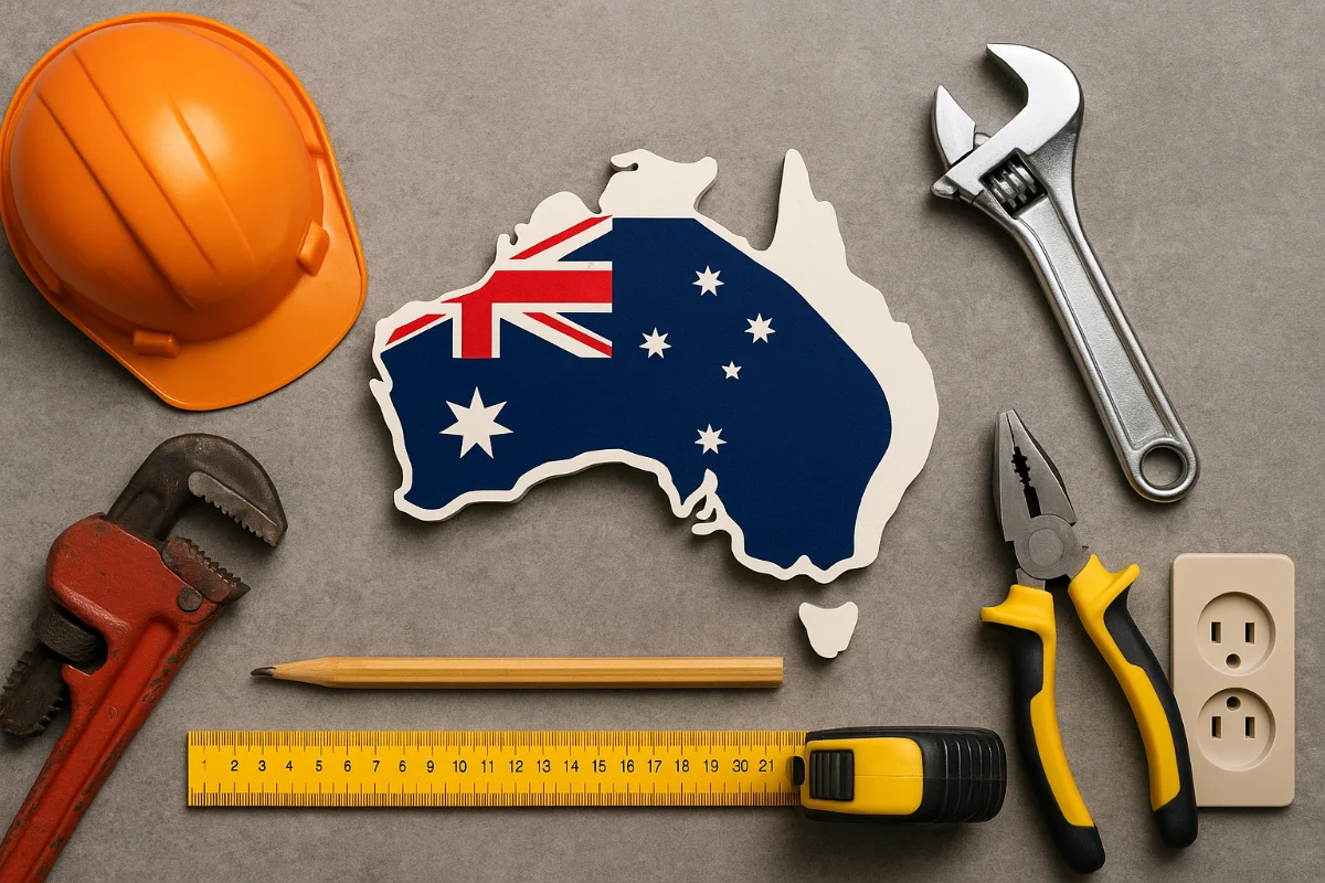 Collection of specialist trade tools including a hard hat, wrenches, pliers, tape measure, and Australian map cutout, symbolising specialist trades in Australia.