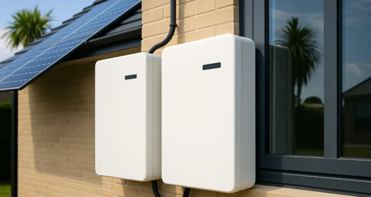 Modern Australian home with rooftop solar panels and two white battery storage units installed outside, sunny weather, representing sustainable energy solutions.