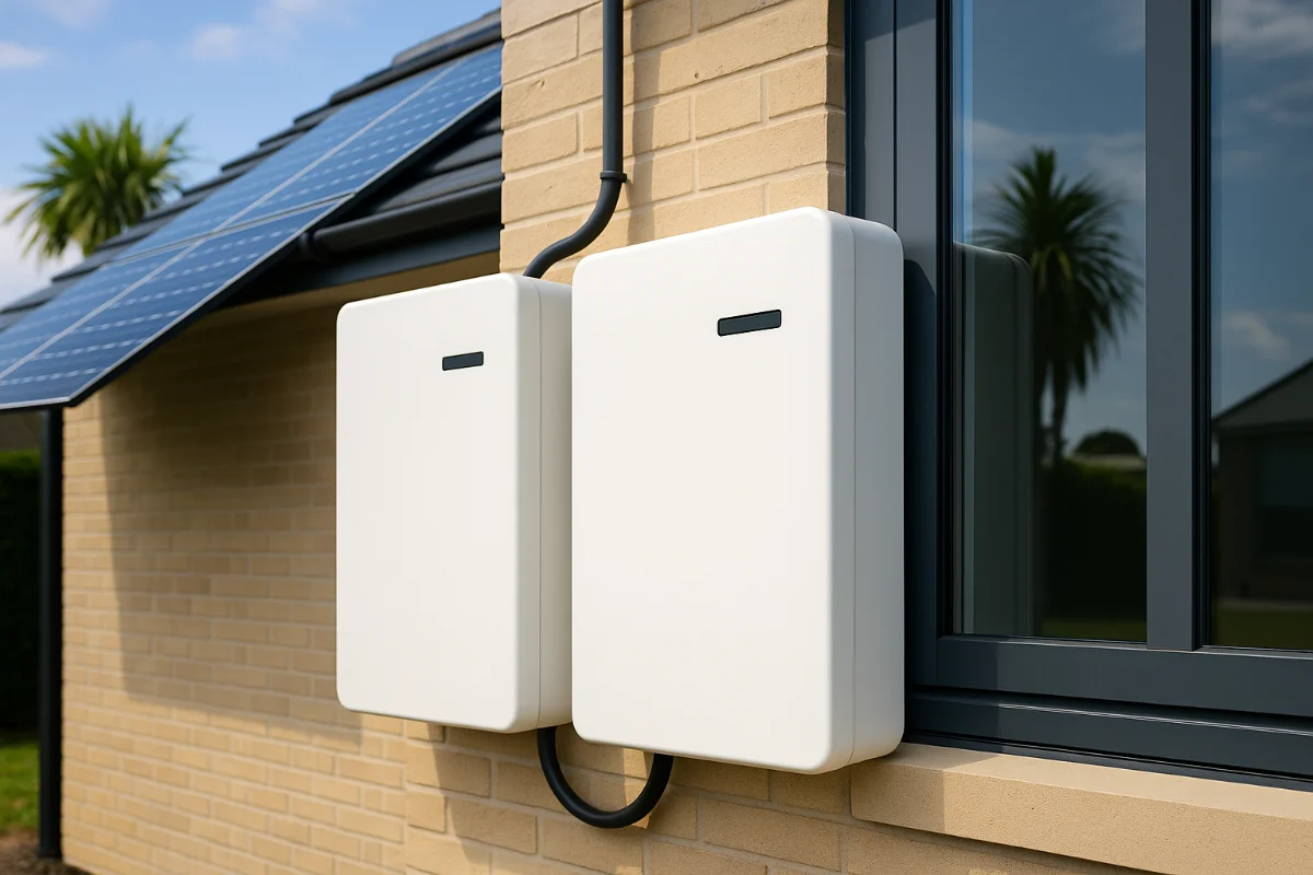 Modern Australian home with rooftop solar panels and two white battery storage units installed outside, sunny weather, representing sustainable energy solutions.