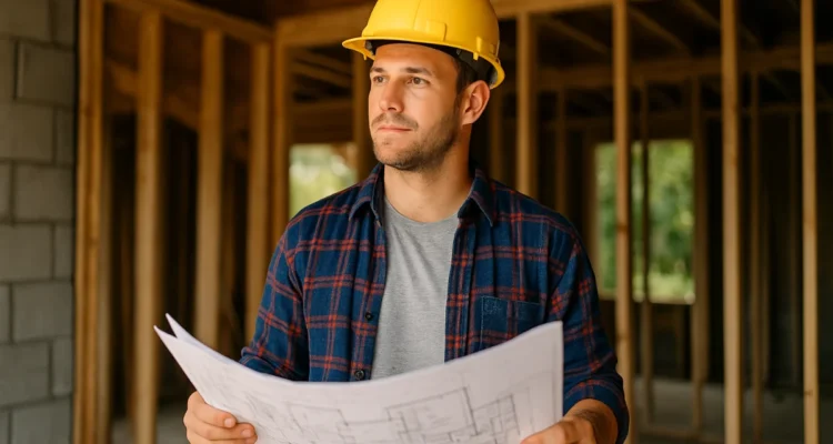 Australian homeowner reviewing blueprints with a general contractor wearing a yellow hard hat at a construction site, wooden framework in background, natural daylight, realistic scene.