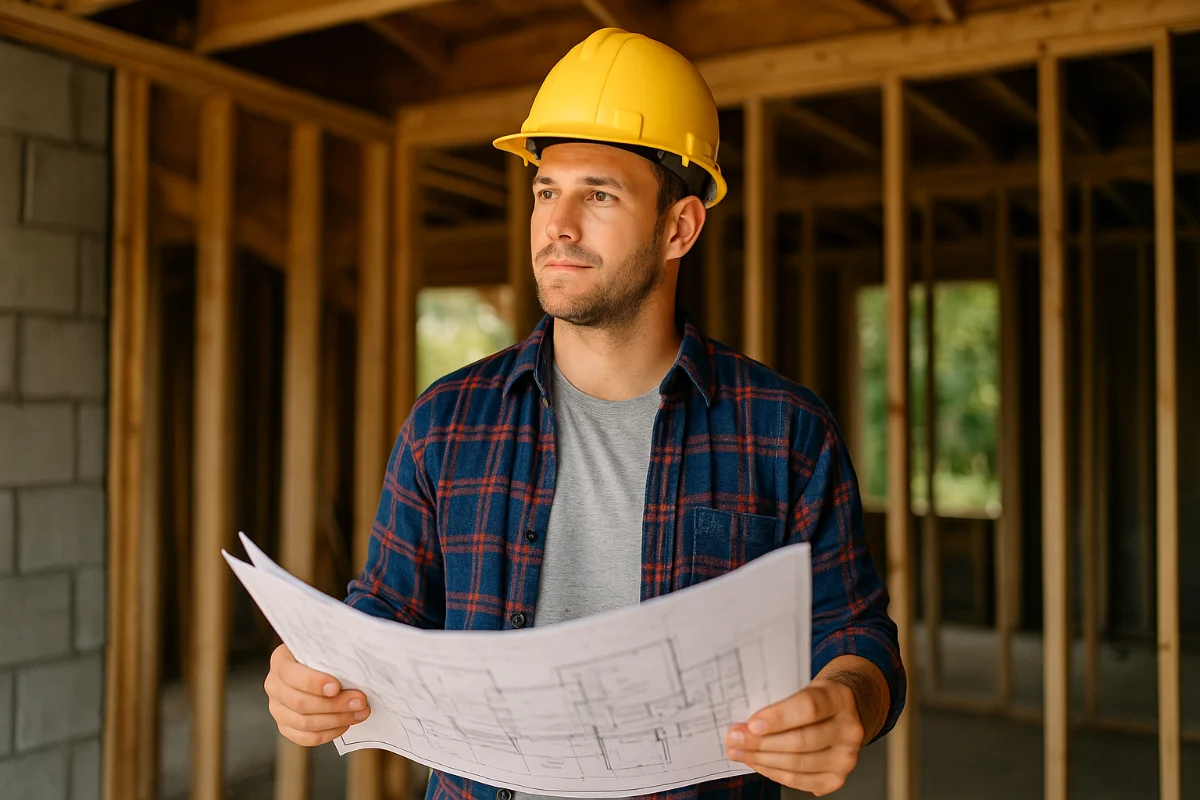 Australian homeowner reviewing blueprints with a general contractor wearing a yellow hard hat at a construction site, wooden framework in background, natural daylight, realistic scene.