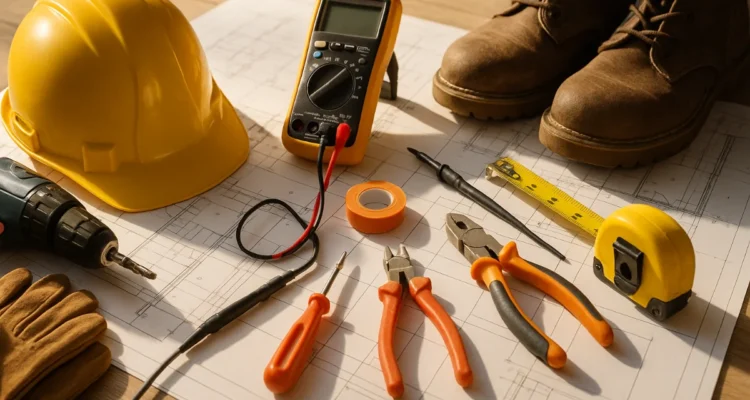 A construction workspace with safety gear, tools, and blueprints including a yellow hard hat, pliers, multimeter, gloves, and work boots—symbolising the future of specialist trades in Australia.