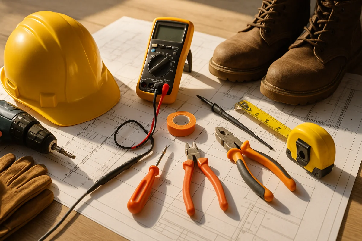 A construction workspace with safety gear, tools, and blueprints including a yellow hard hat, pliers, multimeter, gloves, and work boots—symbolising the future of specialist trades in Australia.