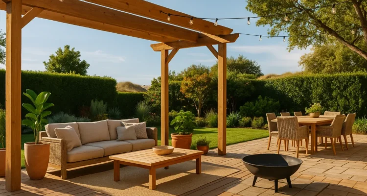 Modern Australian backyard with a wooden pergola, outdoor lounge, fire pit, and dining setup surrounded by lush greenery under warm sunlight.
