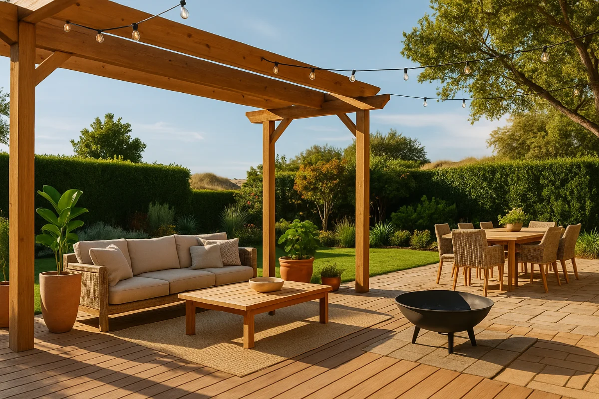 Modern Australian backyard with a wooden pergola, outdoor lounge, fire pit, and dining setup surrounded by lush greenery under warm sunlight.