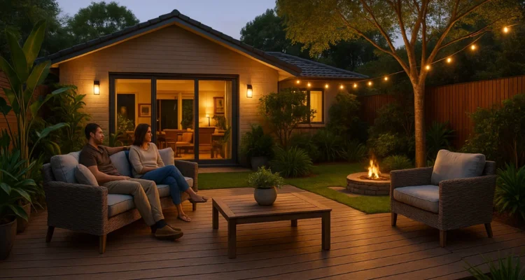 Modern Australian backyard with outdoor furniture, deck, and lush plants at sunset