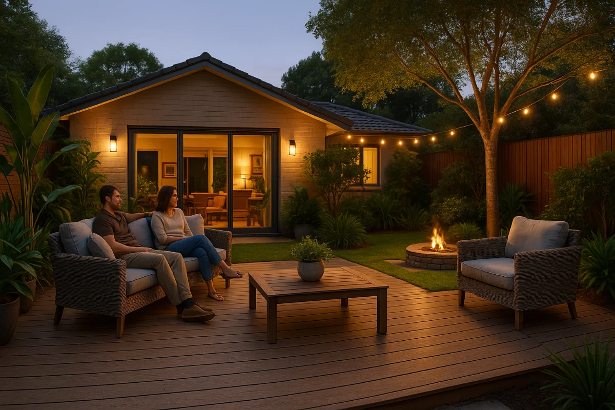 Modern Australian backyard with outdoor furniture, deck, and lush plants at sunset