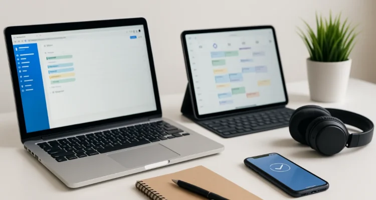 a modern Australian workspace with laptop, tablet, smartphone, and headphones on a desk, showing productivity apps and tech tools.