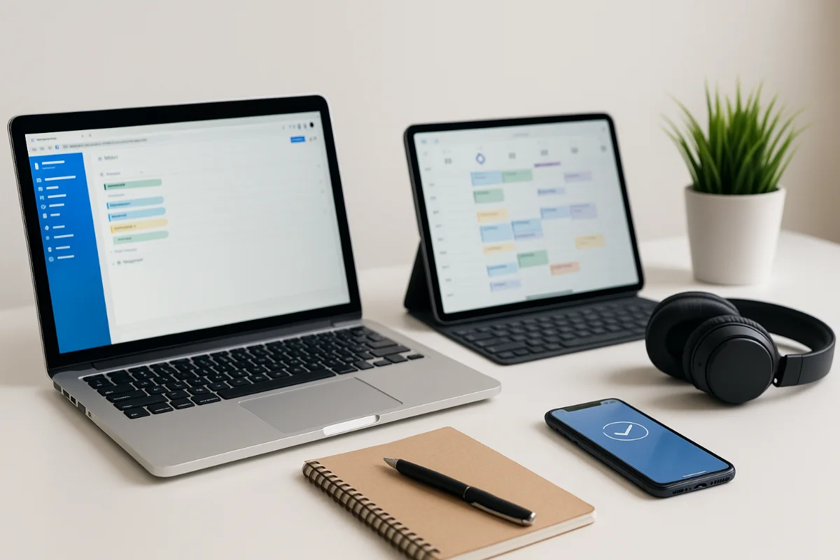 a modern Australian workspace with laptop, tablet, smartphone, and headphones on a desk, showing productivity apps and tech tools.