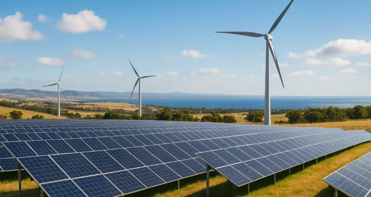 A renewable energy site in Australia featuring solar panels in the foreground and wind turbines in the background under a clear blue sky.