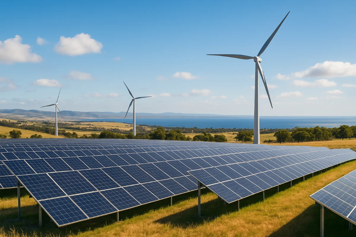A renewable energy site in Australia featuring solar panels in the foreground and wind turbines in the background under a clear blue sky.