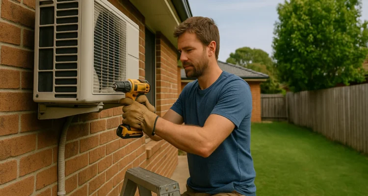 Wide-angle realistic image of an Australian homeowner performing maintenance on an outdoor air conditioning unit, symbolising routine home repairs and upkeep.