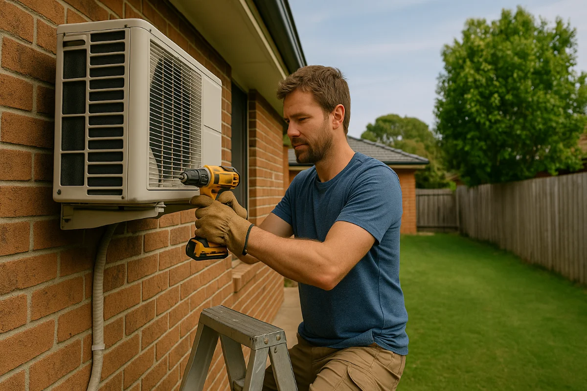 Wide-angle realistic image of an Australian homeowner performing maintenance on an outdoor air conditioning unit, symbolising routine home repairs and upkeep.