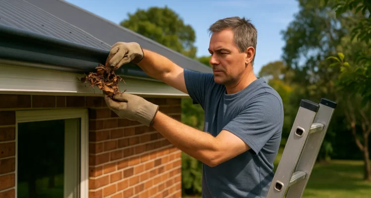 Australian homeowner cleaning gutters and inspecting roof during seasonal home maintenance in 2025