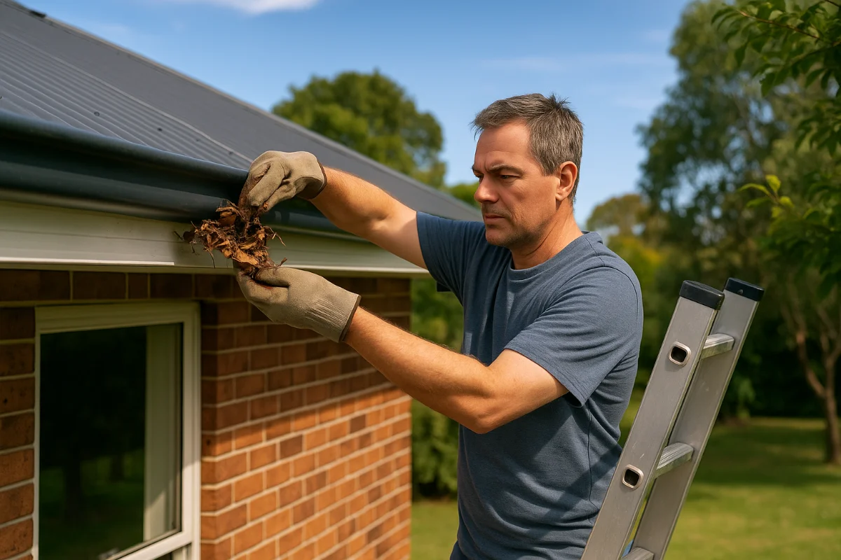 Australian homeowner cleaning gutters and inspecting roof during seasonal home maintenance in 2025