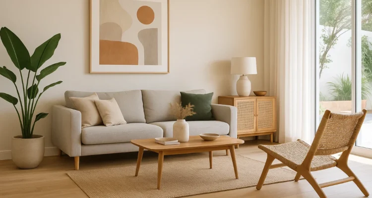 A modern Australian living room with minimalist furniture, large windows, indoor plants, and natural light, showcasing modern interior design ideas.