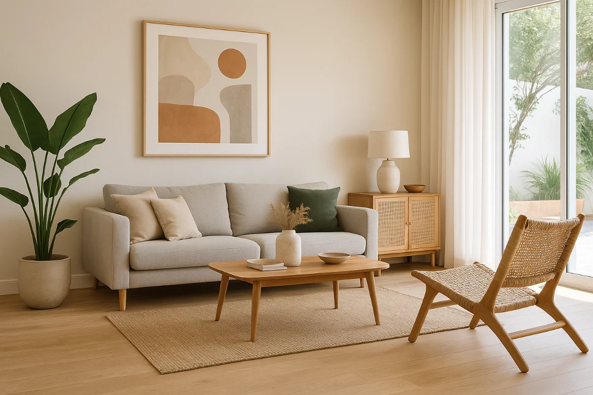 A modern Australian living room with minimalist furniture, large windows, indoor plants, and natural light, showcasing modern interior design ideas.