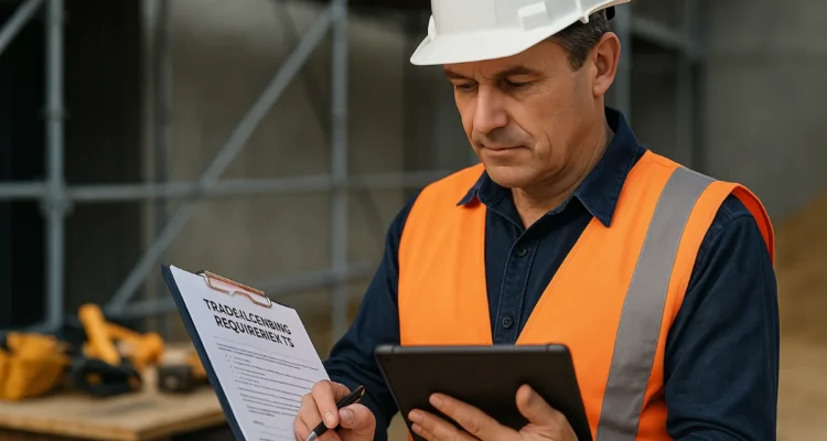 Australian tradesperson reviewing trade licence documents with digital tablet at construction site in 2025