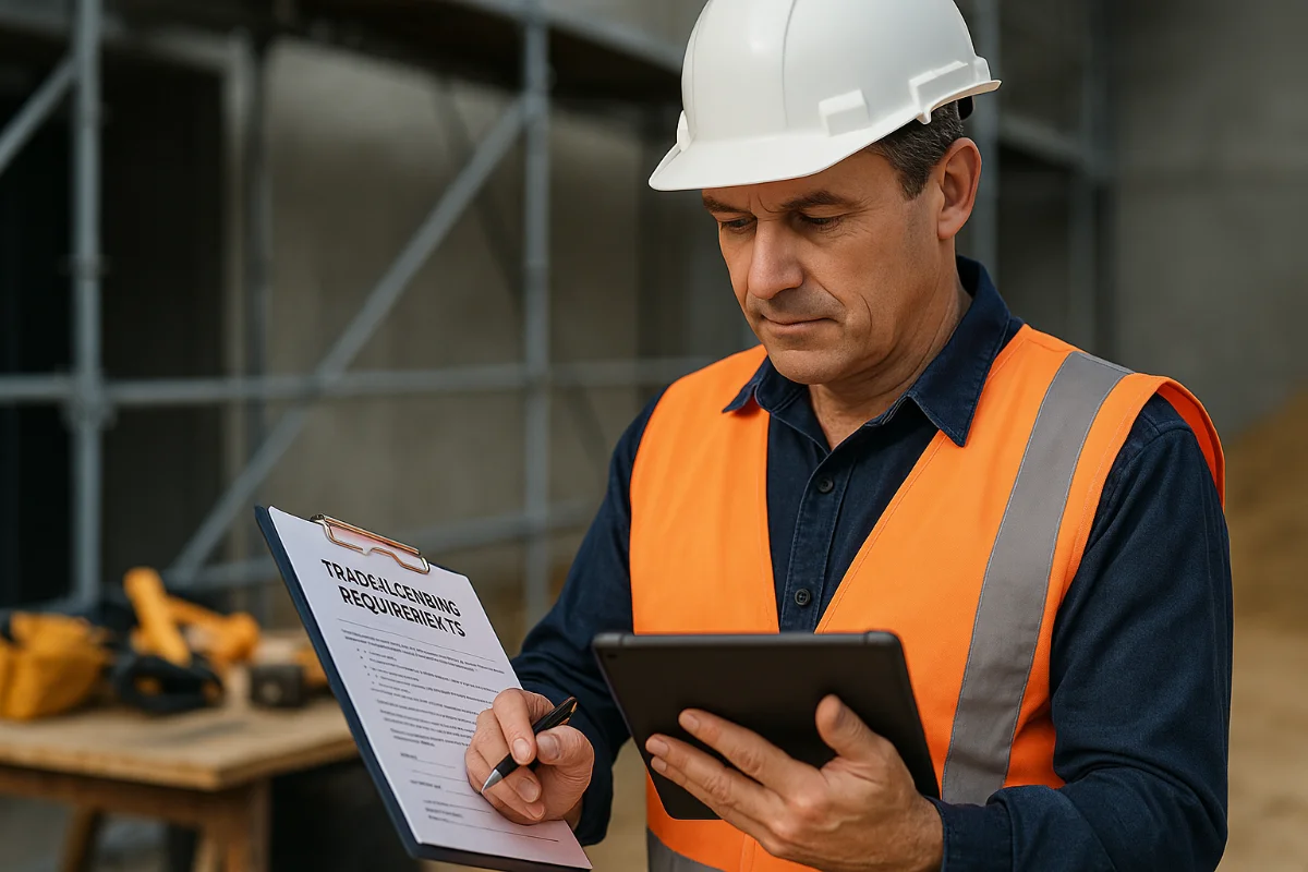 Australian tradesperson reviewing trade licence documents with digital tablet at construction site in 2025