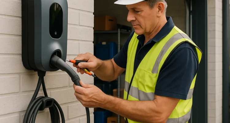 Licensed electrician installing a home EV charger on a garage wall at an Australian property.
