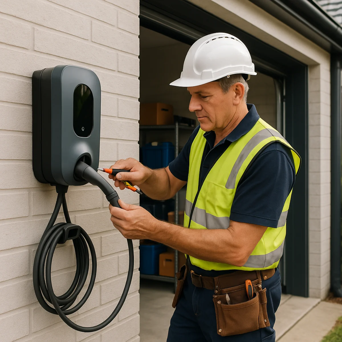 Licensed electrician installing a home EV charger on a garage wall at an Australian property.