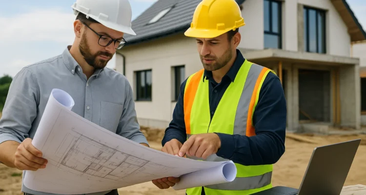 Architect and builder reviewing house plans on-site, representing NCC 2025 construction standards in Australia.