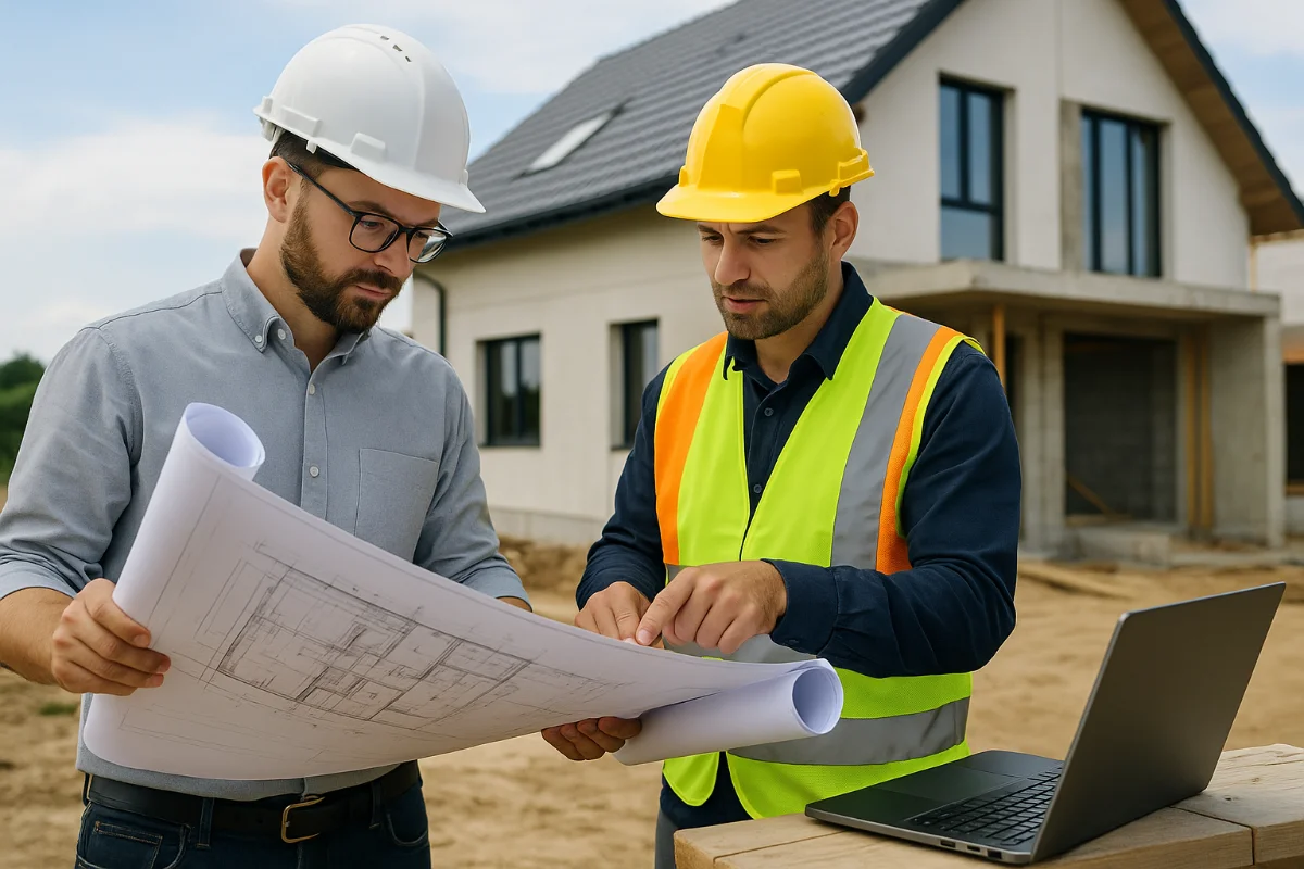 Architect and builder reviewing house plans on-site, representing NCC 2025 construction standards in Australia.