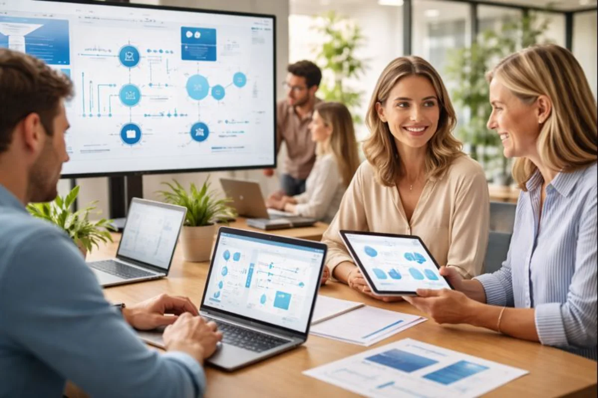 “Employees in an Australian office collaborating with laptops and tablets, digital screens showing workflow automation and data insights.”