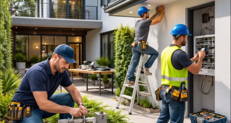 “Tradespeople performing building maintenance on a modern Australian property, including plumbing, electrical, and carpentry work.”