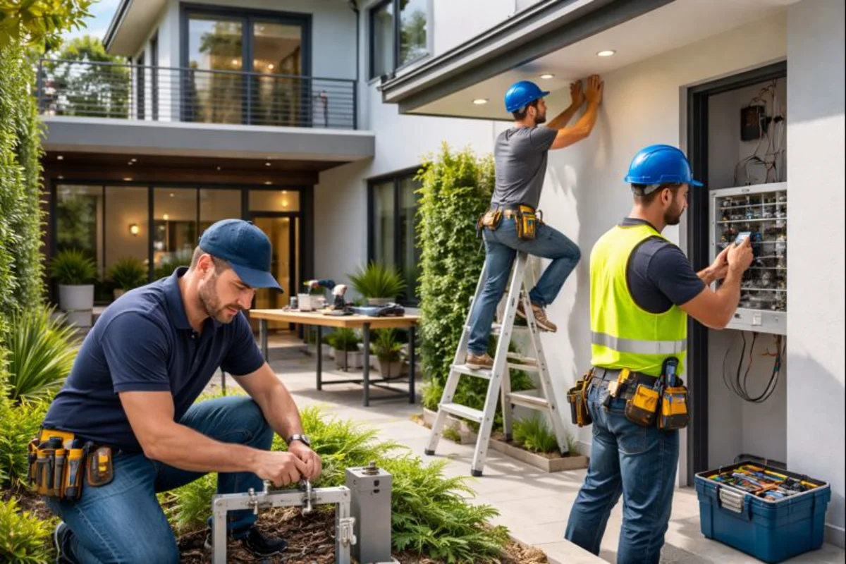 “Tradespeople performing building maintenance on a modern Australian property, including plumbing, electrical, and carpentry work.”