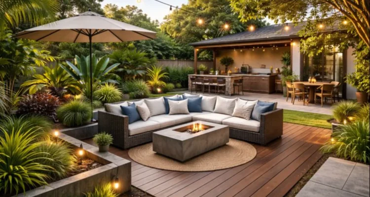 “Stylish Australian backyard with modern deck, outdoor seating, lush plants, and solar lighting.”