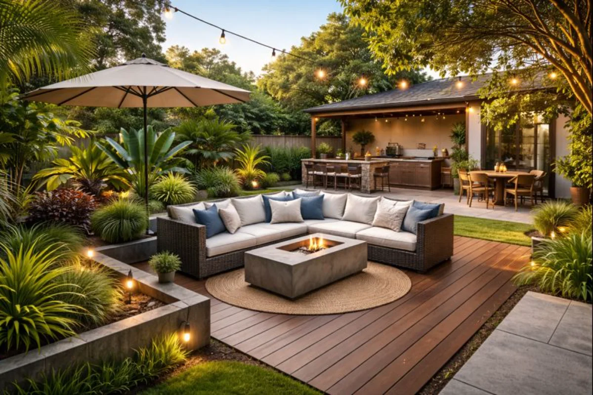 “Stylish Australian backyard with modern deck, outdoor seating, lush plants, and solar lighting.”