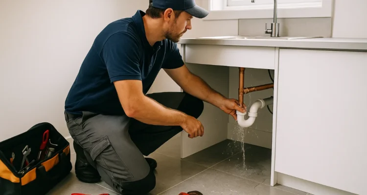 “Plumber inspecting burst pipe in Australian rental laundry during urgent repair.”