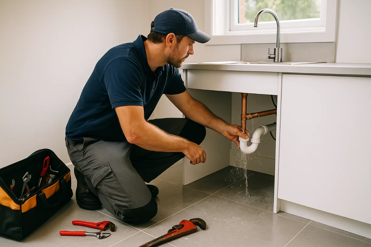“Plumber inspecting burst pipe in Australian rental laundry during urgent repair.”