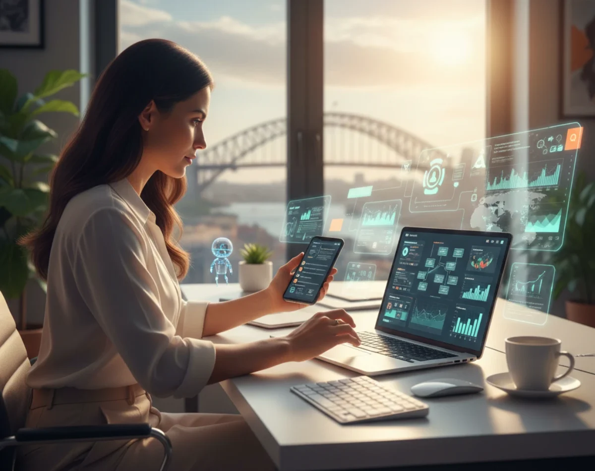 Australian professional using AI-powered tools on a laptop and smartphone to automate business tasks and improve productivity in 2026