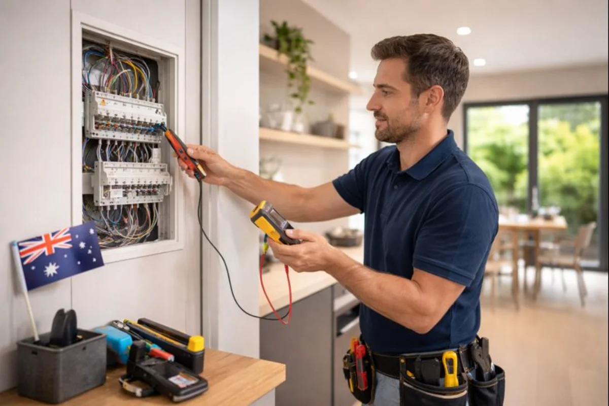 Australian electrician performing home electrical work in a modern residential property