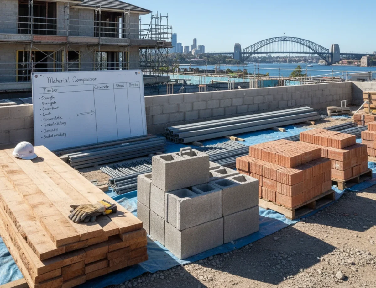High-resolution image of construction materials in Australia, including timber, concrete, steel, and bricks, arranged on a building site for comparison